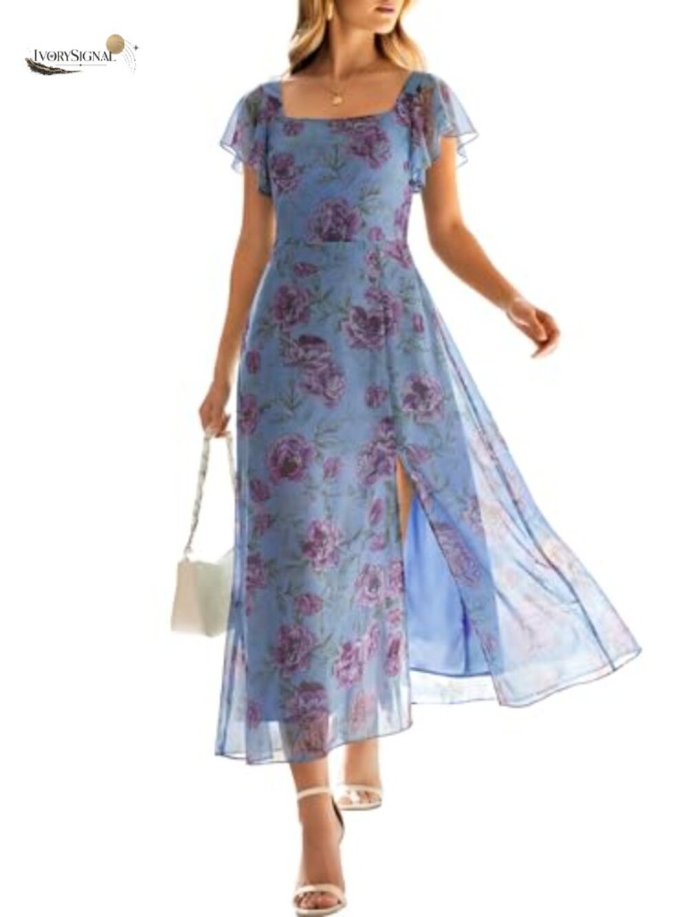Women's Floral Tulle A-Line Midi Dress Square Neck Ruffle Sleeve High Slit